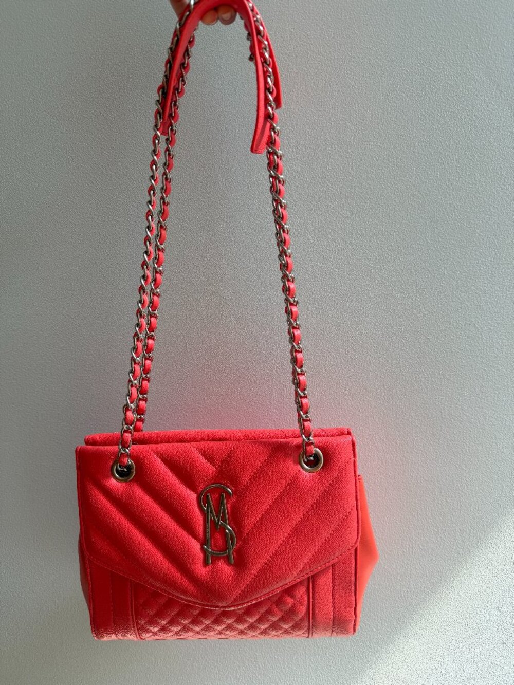 Steve Madden Coral Red Quilted Chevron Chain Strap Shoulder Crossbody Bag
